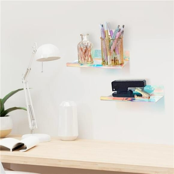 Set of 2 iridescent acrylic floating wall shelves rainbow adhesive storage rack - Picture 4 of 8